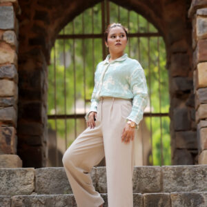 Elegant Mint Embroidered Shirt with High-Waist Beige Trousers Set